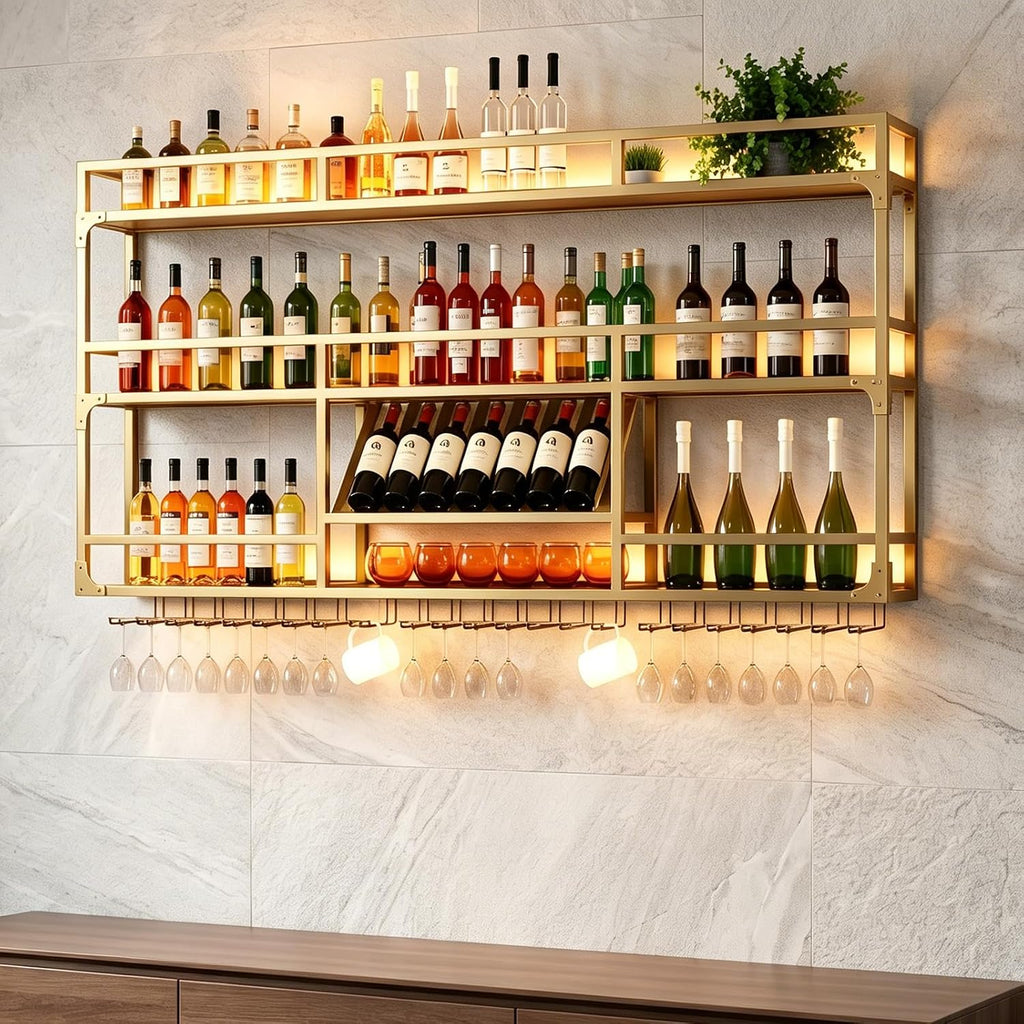59in Wall Mounted Wine Rack, Floating Industrial Liquor Glass Holder 3 Tiers, Large Metal Wine Bottle Display Rack Hanging Shelf, for Home Bar Dining Room Decorative