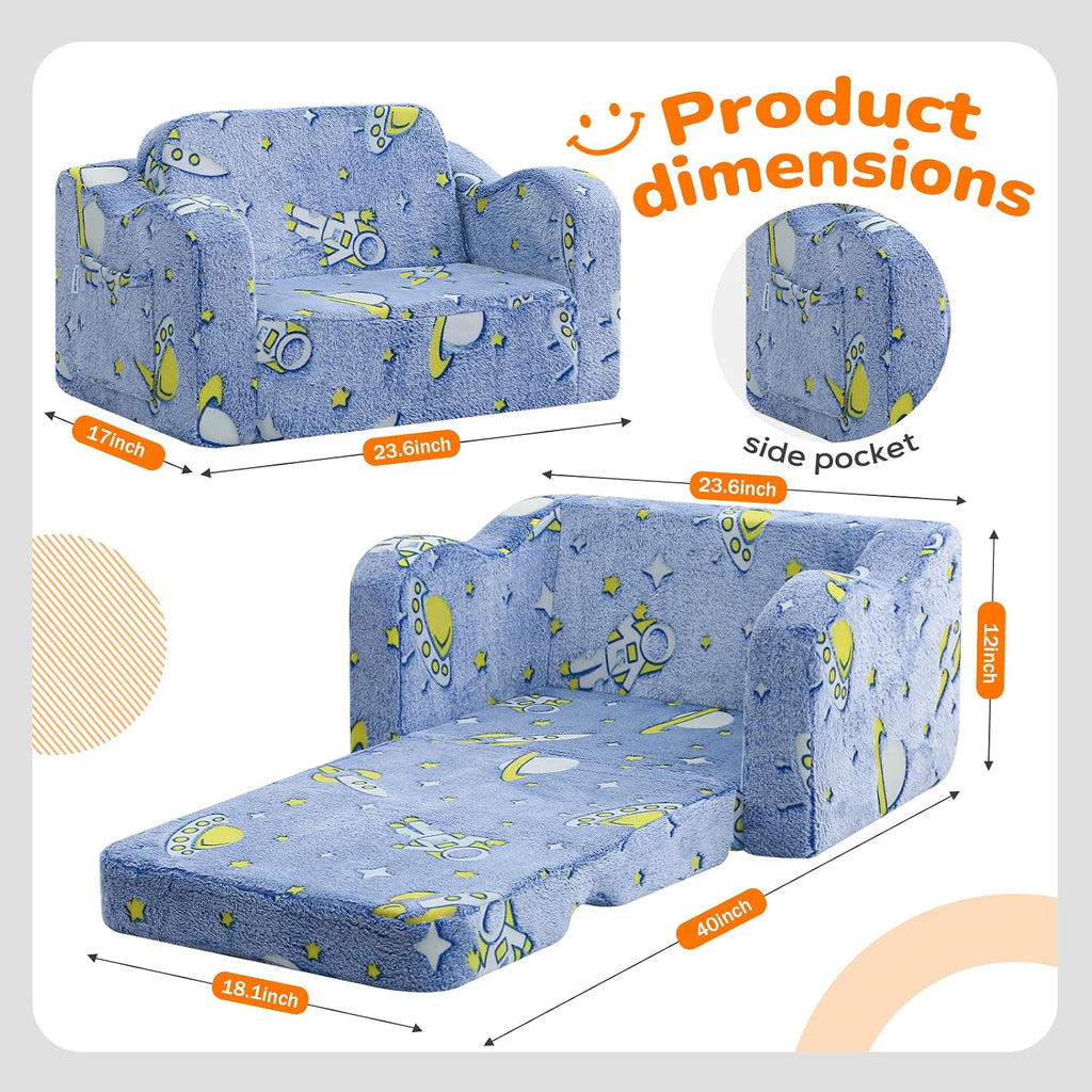 MeMoreCool Glowing Rocket Kids Chair, Glow-in-the-Dark Space Kids Couch, 2-in-1 Convertible Fold-Out Recliner with Cushioned Foam, Washable Cover for Boys Playroom, Denim Rocket