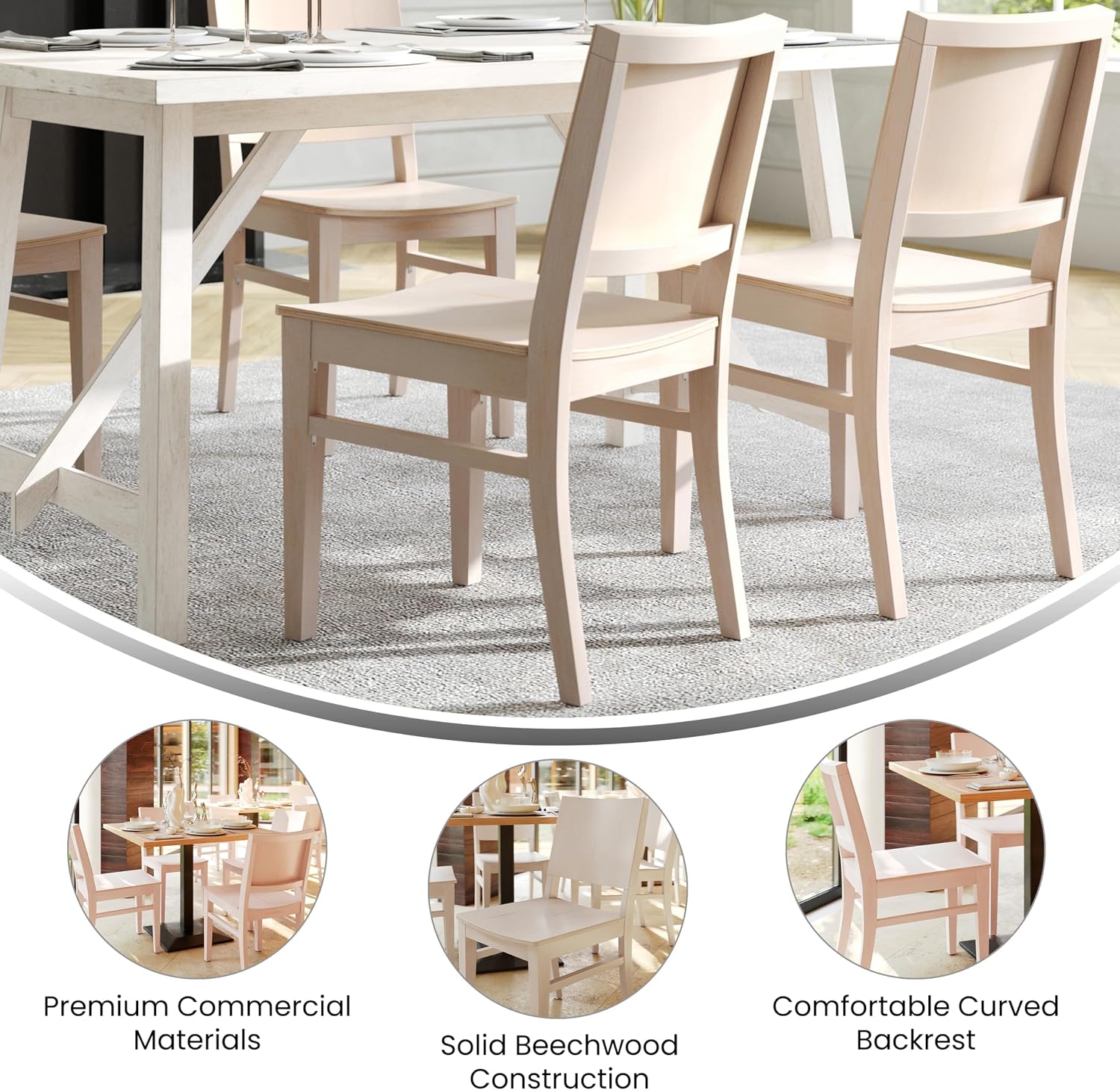 Flash Furniture Naples Commercial Solid Wood Dining Chair, Curved Backrest, Sturdy Mortise and Tenon Construction, Antique White