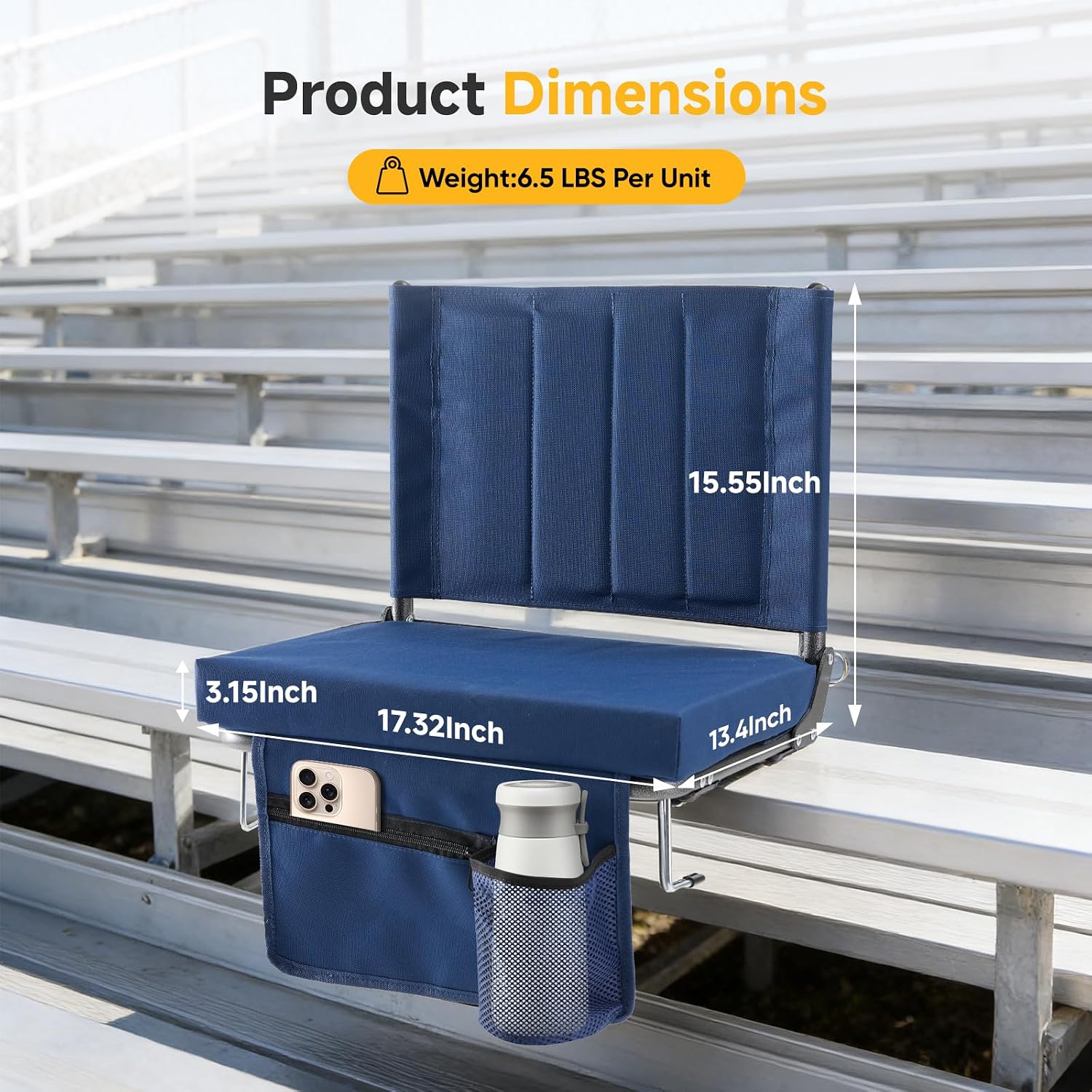 NEWBULIG Stadium Seats with 15.6" Back Support, Wide Bleacher Chairs with 3.15" Thick Padded, Portable Folding Lightweight Bleacher Seat with Hooks for Sports Events, Concerts, Camping, Dark Blue
