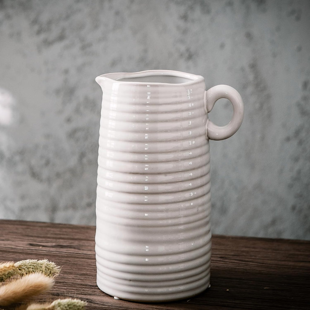 Kimdio White Ceramic Vase with Handle, Modern Farmhouse Pitcher Vases for Home Decor, Rustic Texture Pottery Vase, Decorative Flower Vase, Clay Vase, Centerpieces for for Living Room