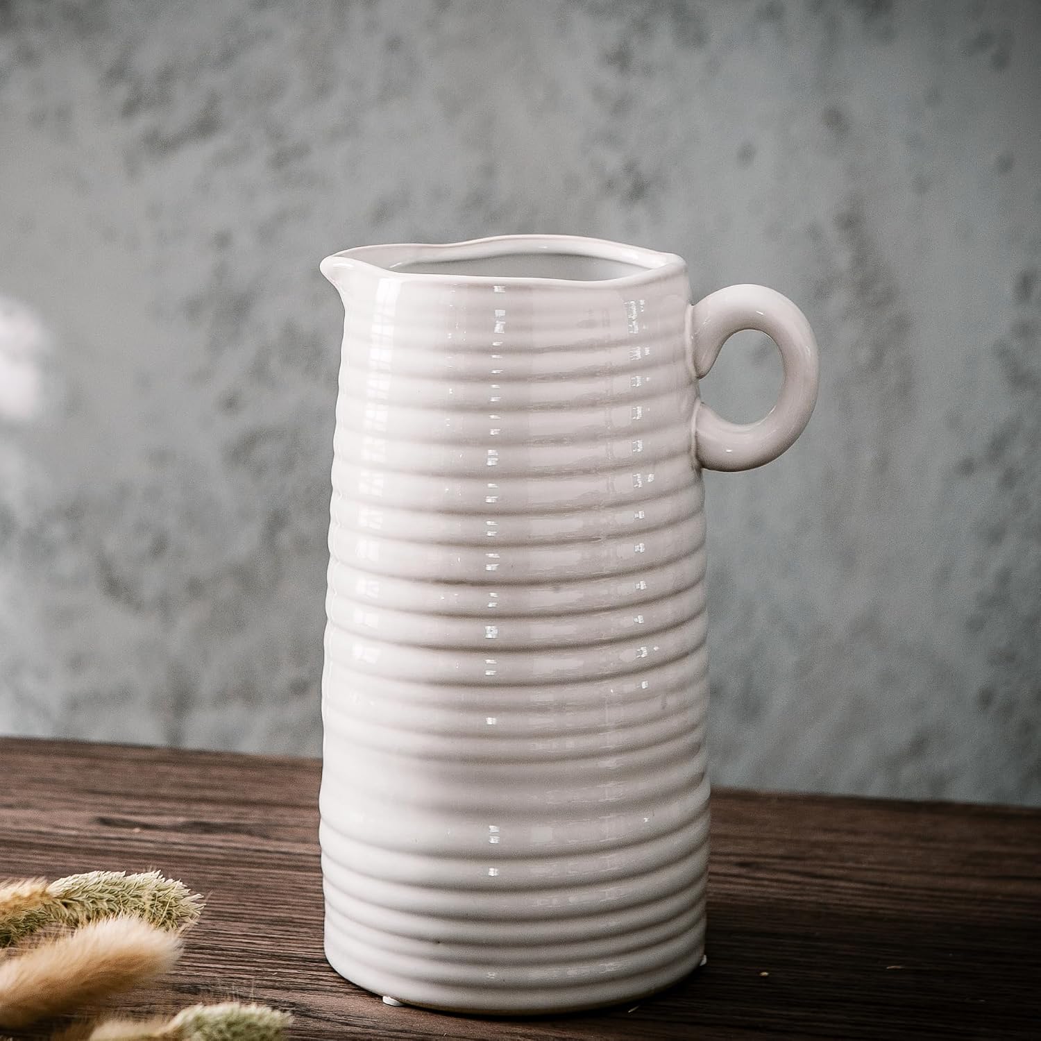 Kimdio White Ceramic Vase with Handle, Modern Farmhouse Pitcher Vases for Home Decor, Rustic Texture Pottery Vase, Decorative Flower Vase, Clay Vase, Centerpieces for for Living Room