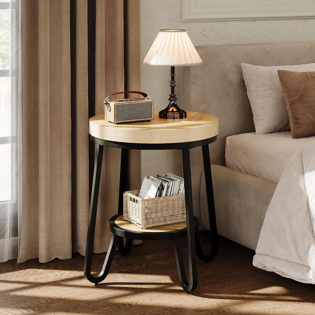 IRONCK Round Side Table, 2 Tier Industrial End Table with Storage Shelf, 19.7" Accent Bedside Table for Living Room, Bedroom, Small Spaces, Wood Tabletop & Curved Metal Legs, Light Brown