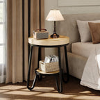 IRONCK Round Side Table, 2 Tier Industrial End Table with Storage Shelf, 19.7" Accent Bedside Table for Living Room, Bedroom, Small Spaces, Wood Tabletop & Curved Metal Legs, Light Brown