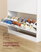 VASAGLE Custos Collection - Shoe Cabinet, Shoe Organizer, Open Compartment, Adjustable and Removable Dividers, 3 Flip Drawers, 9.4 x 31.5 x 54.5 Inches, for 21-24 Pairs, Cloud White ULBC043WB01