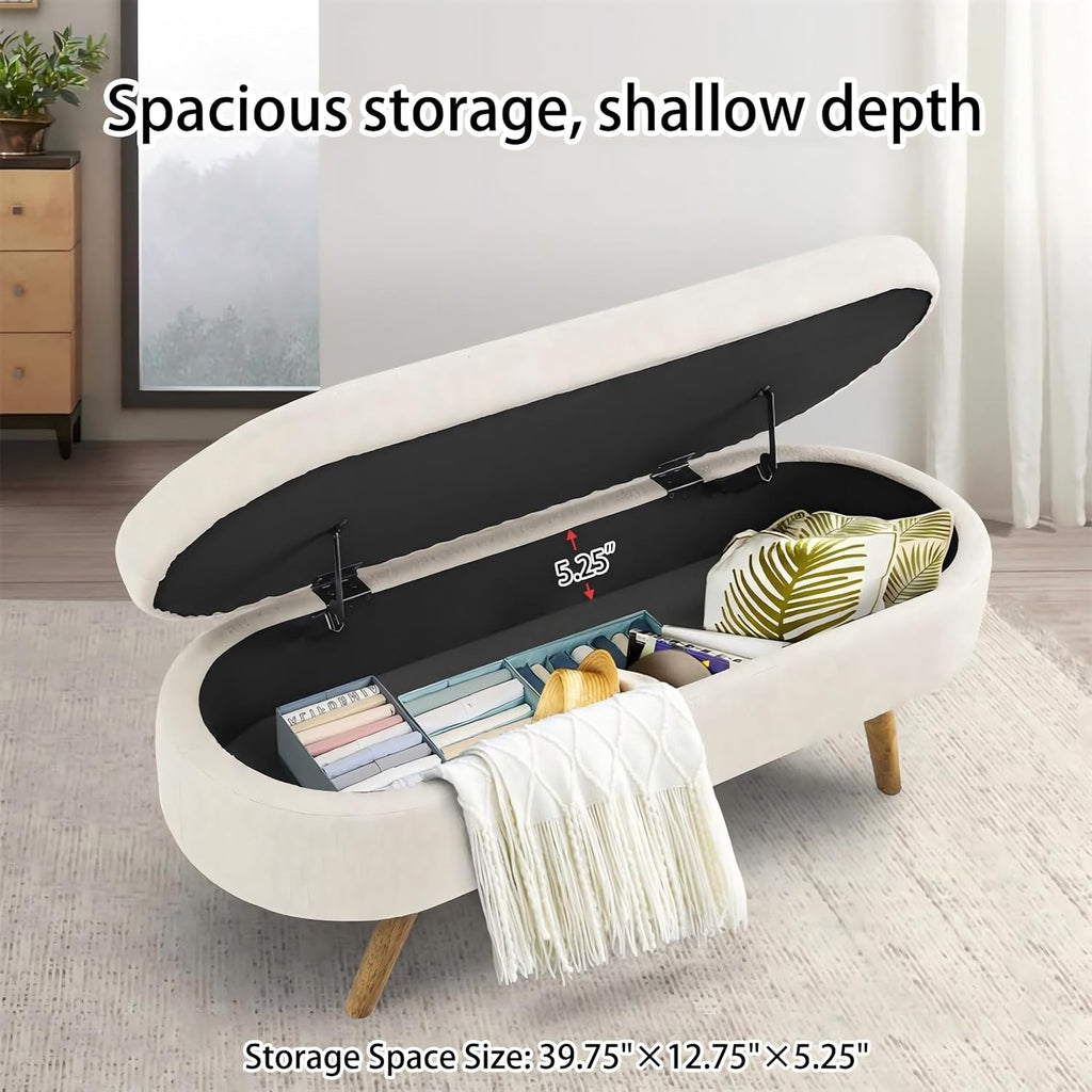 43.5" Ottoman with Storage, Storage Ottoman Bench with Safety Hinge, Linen End of Bed Bench, Upholstered Entryway Bench for Bedroom, Living Room & Window, Holds up to 330 lb, Beige