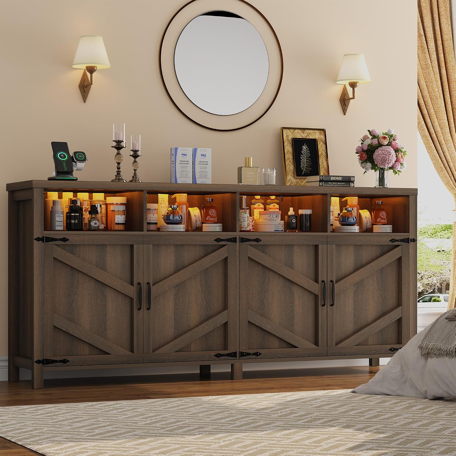 knoworld Buffet Sideboard with Storage Farmhouse with 4 Doors, 55'' Large Kitchen Storage Cabinet Wood Coffee Bar Buffet Table for Kitchen, Dining Room (Brown with Power Outlets & LED Light, 63in)