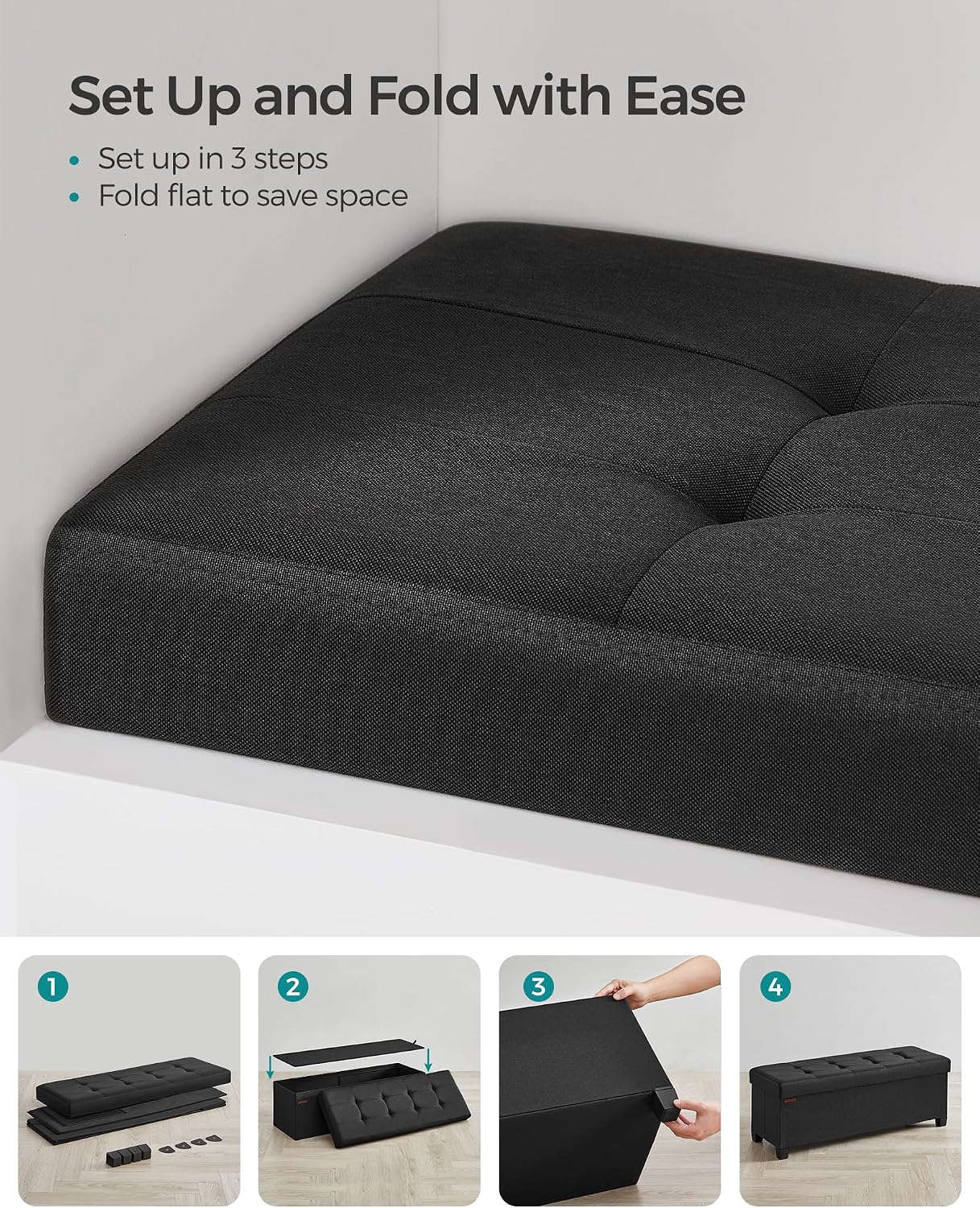 SONGMICS Storage Ottoman Bench, Foldable Foot Rest with Legs, 15 x 43 x 15.7 Inches, End of Bed Bench, Storage Chest, Load up to 660 lb, for Living Room, Bedroom, Entryway, Ink Black ULSF018B01
