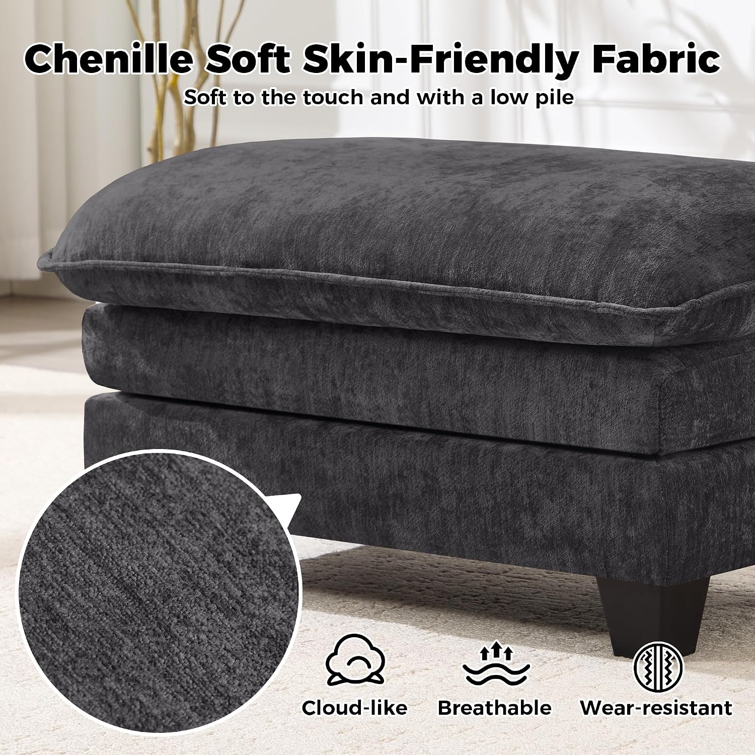 36 INCH Foot Stools Ottoman Chenille Foot Rest Stool Rectangular Upholstered Ottoman Under Desk Footrest for Living Room Bedroom Entryway,Darkgrey