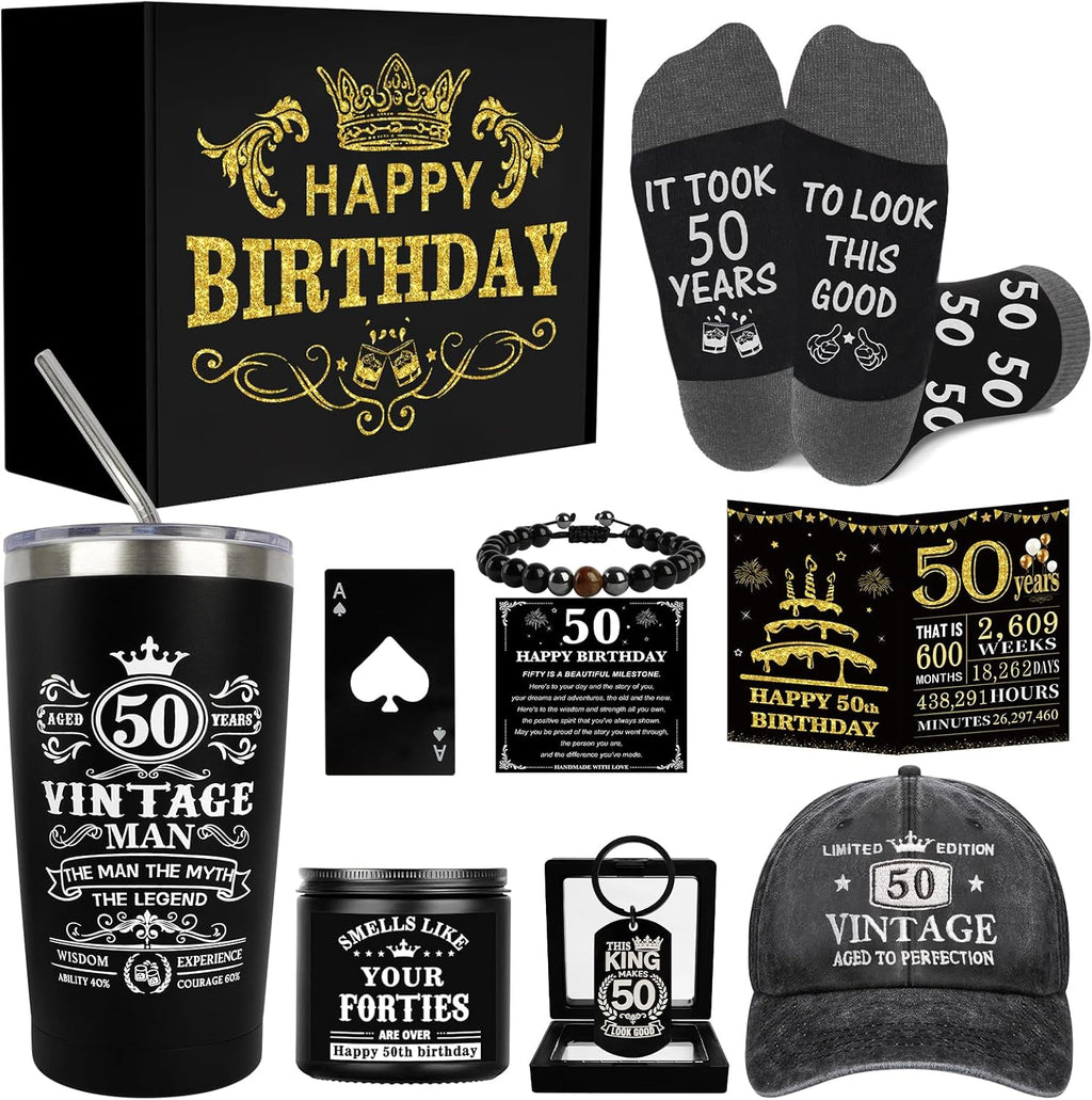50th Birthday Gifts for Men - Unique Birthday Box with 20 Oz Tumbler, Baseball Cap, Socks, Bracelets, Scented Candle, Happy 50th Birthday Decorations for Husband, Dad, Grandpa, Friends, Boss