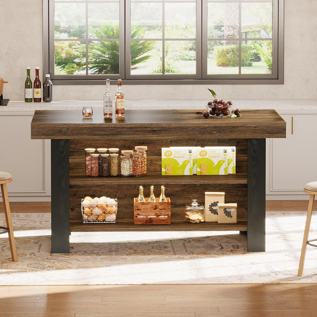 Tribesigns 55-Inch Kitchen Island with Storage, Farmhouse Center Island Table for Kitchen, Dining Room, Living Room, Brown & Black