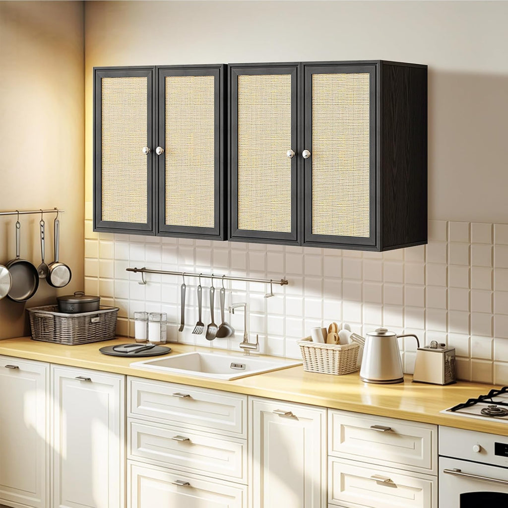 Laundry Room Cabinets with Lights, 24INCH Bathroom Cabinets Wall Mounted with Adjustable Shelves, Rattan Wall Cabinet for Bedroom, Kitchen, Bathroom (2PCS, Black)