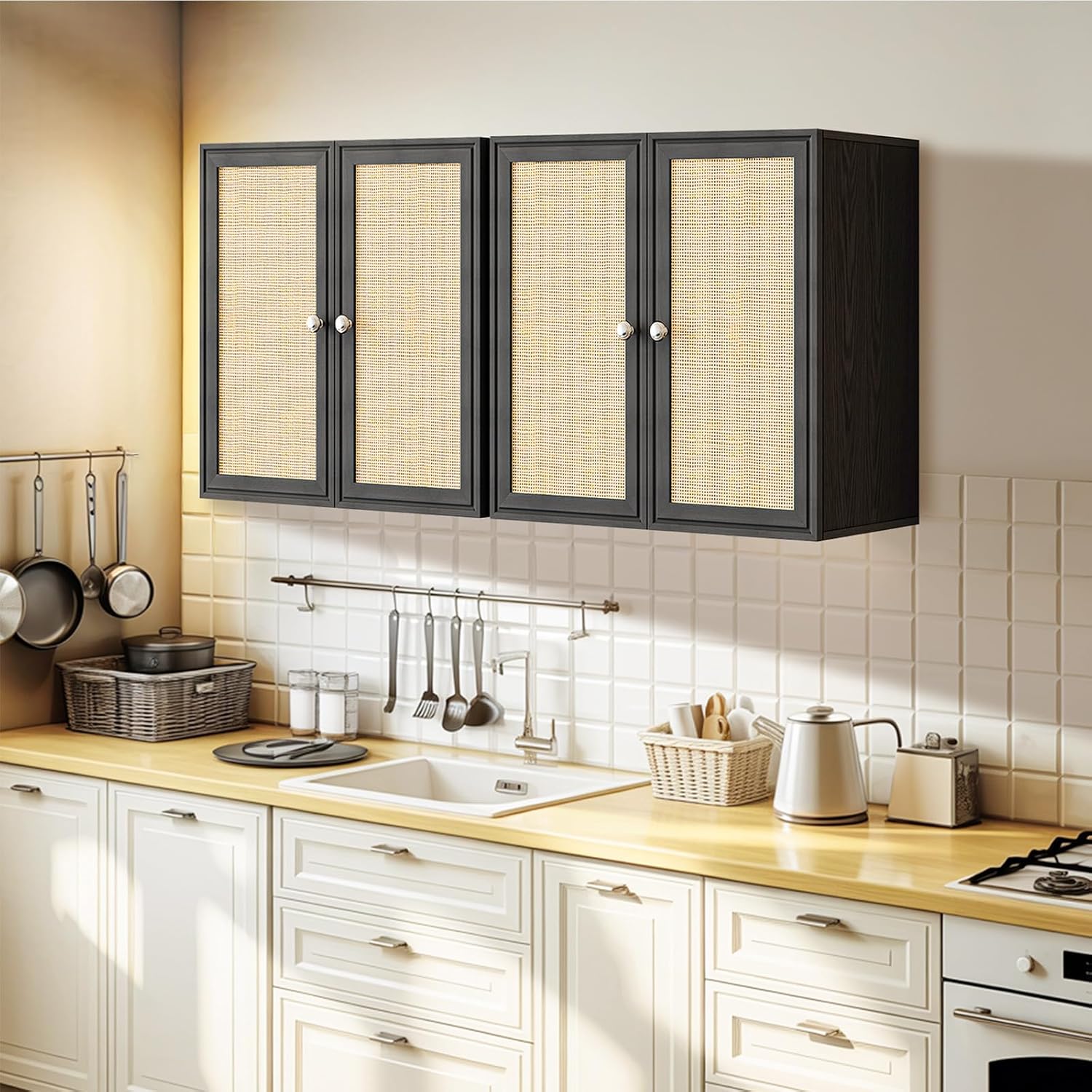 Laundry Room Cabinets with Lights, 24INCH Bathroom Cabinets Wall Mounted with Adjustable Shelves, Rattan Wall Cabinet for Bedroom, Kitchen, Bathroom (2PCS, Black)
