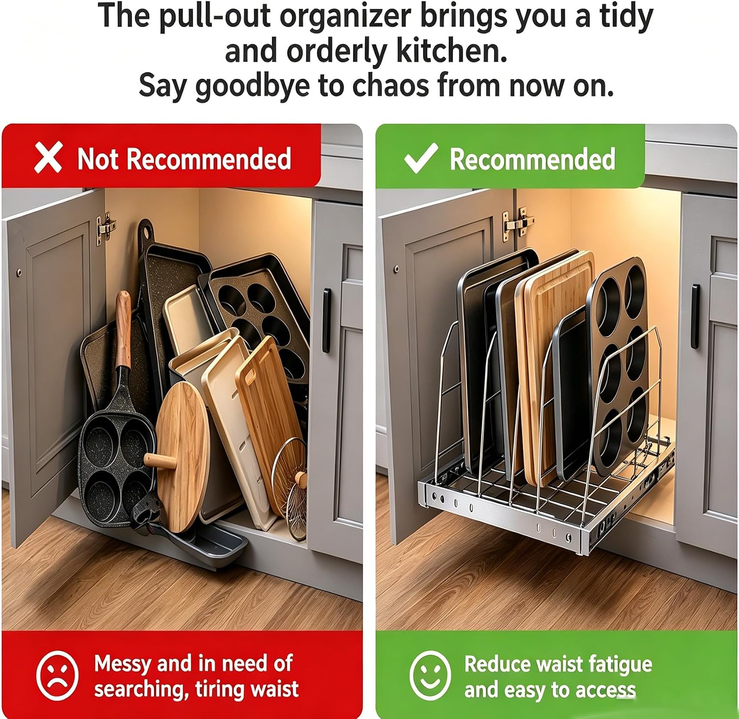 Pull Out Baking Pan Organizer for Cabinet, Cookie Sheet, Cutting Board, Tray Organizer for Cabinet, Adjustable, 22.5"D x11"H x 13"W, Pull/Slide Out Organizer-Heavy Duty, Chrome steel, 50-Year Warranty