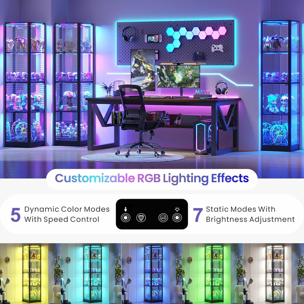 Glass Display Cabinet with RGB Lights- 68" Display Case with 4-Tier Shelfs, Corner Curio Cabinets for Collectibles/Toys/Books, LED Storage Cabinet, Black