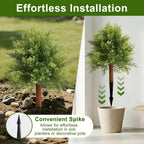 Artificial Cedar Topiary Ball Trees for Outdoors, Set of 2 Fake Evergreen Shrubs with Ground Spikes, Faux Outdoor Plants with Real Wood Stems for Front Porch Garden Patio Planters