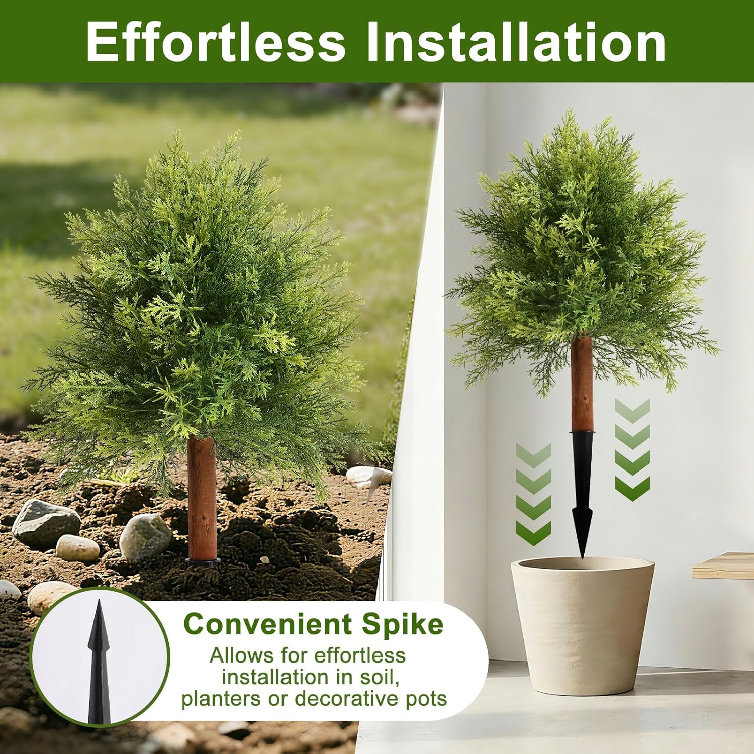 Artificial Cedar Topiary Ball Trees for Outdoors, Set of 2 Fake Evergreen Shrubs with Ground Spikes, Faux Outdoor Plants with Real Wood Stems for Front Porch Garden Patio Planters
