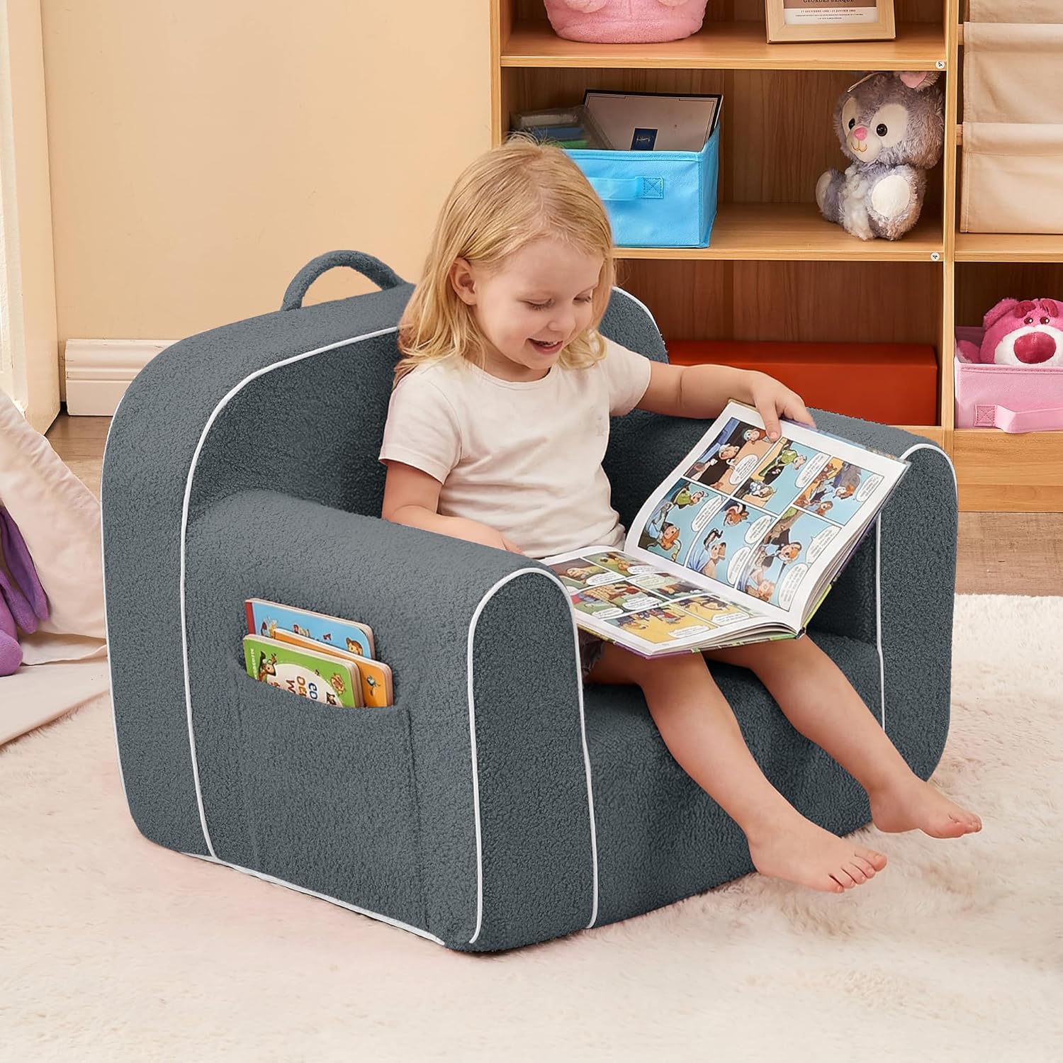 DAICO Soft Kids Bean Bag Chair with Armrests, Comfy Toddler Foam Sofa Chair for Boys and Girls, Toddler Play Couch for Reading Nook & Playing, Grey, Small