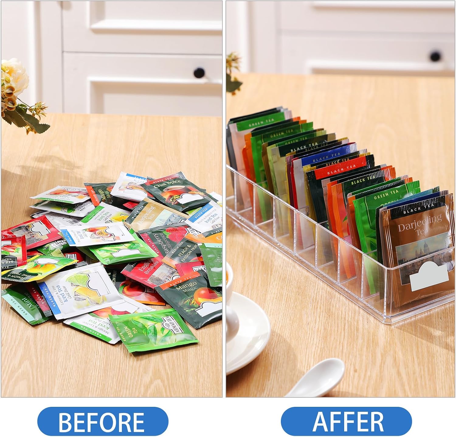 Cinnvoice 2 Pcs Tea Bag Storage Acrylic Clear Tea Drawer Organizer for Drawers, Kitchen, Cabinets, Pantry, Countertops