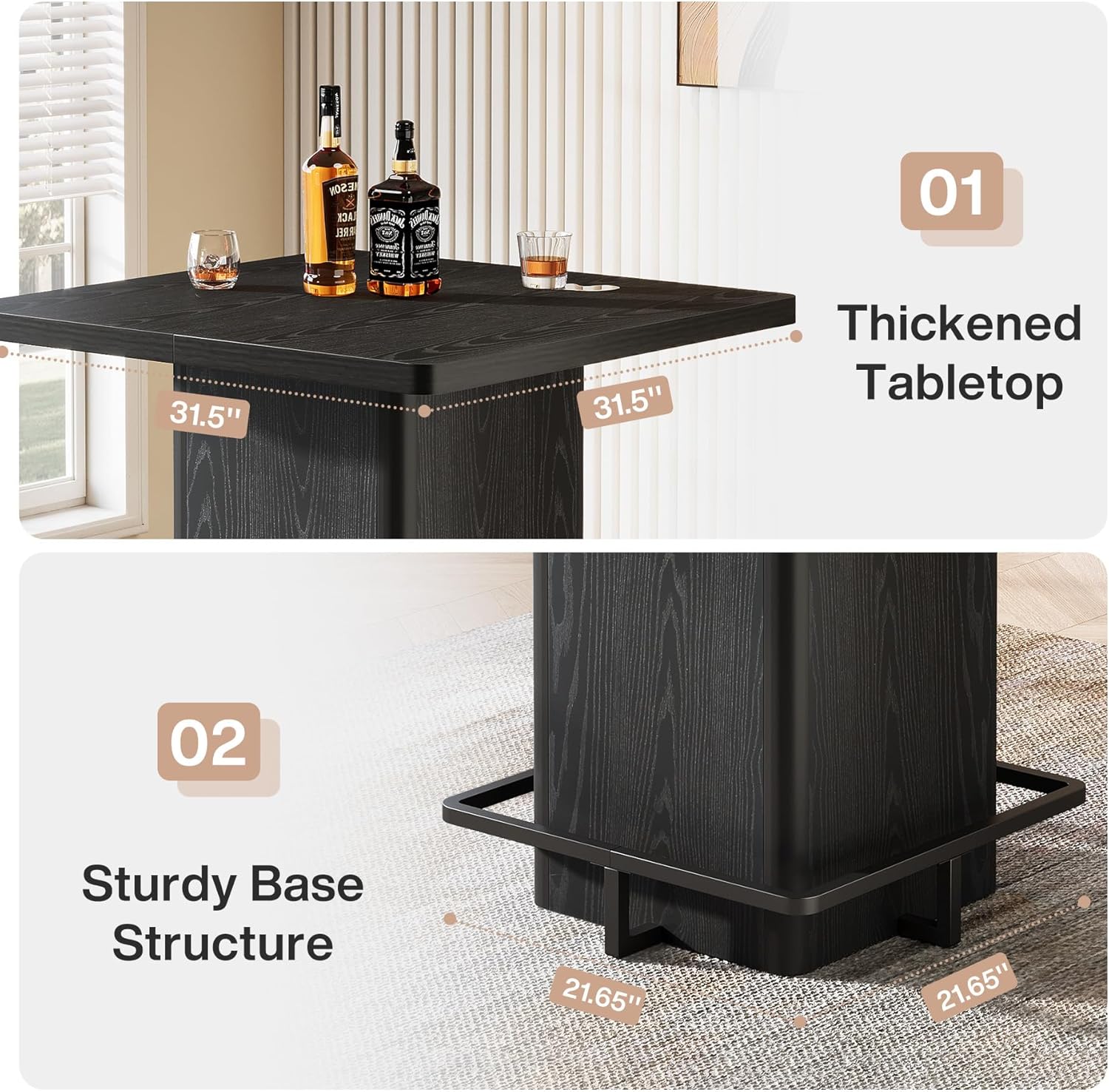 Tribesigns Bar Table, 39.37" High Square Pub Table for Small Bars, Dining Room, Kitchen, Black (Only Table) (Black)