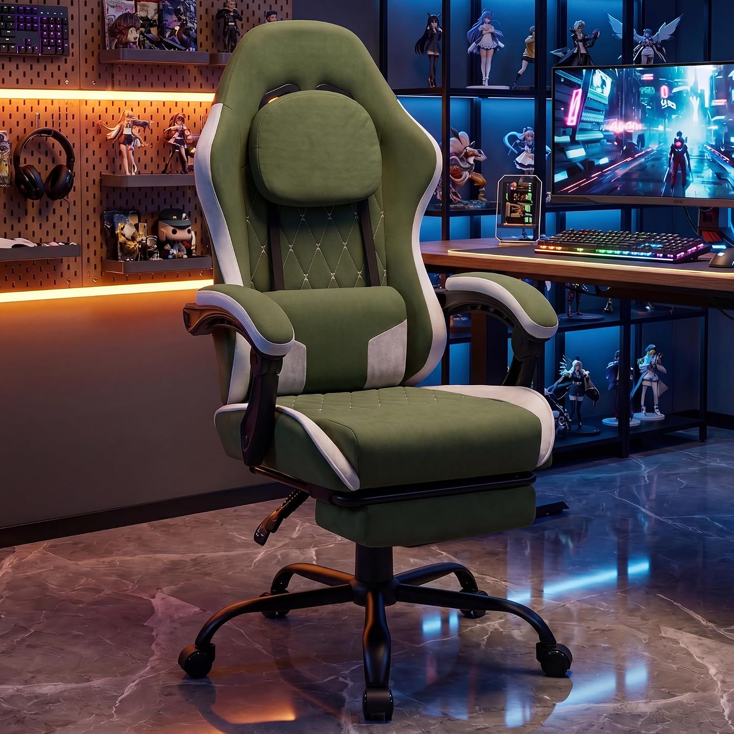 Shintenchi Gaming Chair, Ergonomic Office Chair with Footrest, Lumbar Support and Linkage Armrests, Swive Home Video Game Chairs for Adults, Green