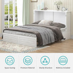 BALUS Queen Murphy Bed with Tri-Fold Memory Foam Mattress, Built-in USB Charging Station, Modern Wall Bed Cabinet with Storage Drawers, Murphy Chest Cube Guest Beds for Living Room Apartment, White