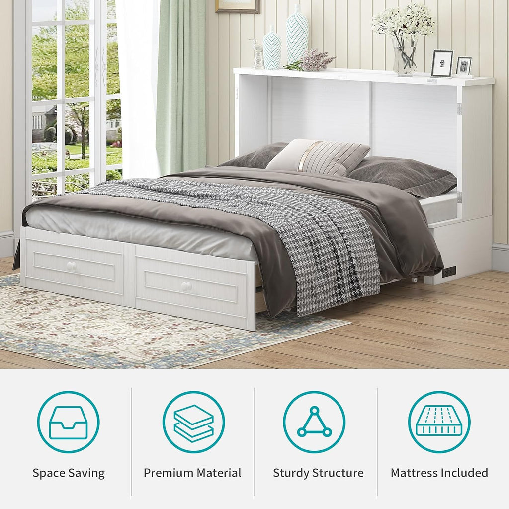 BALUS 63" W Murphy Bed Queen, Murphy Cabinet Beds with Tri-Fold Mattress & USB Charging Station, Space-Saving Wooden Wall Bed Cabinet with 2 Large Storage Drawers for Living Room Apartment, White