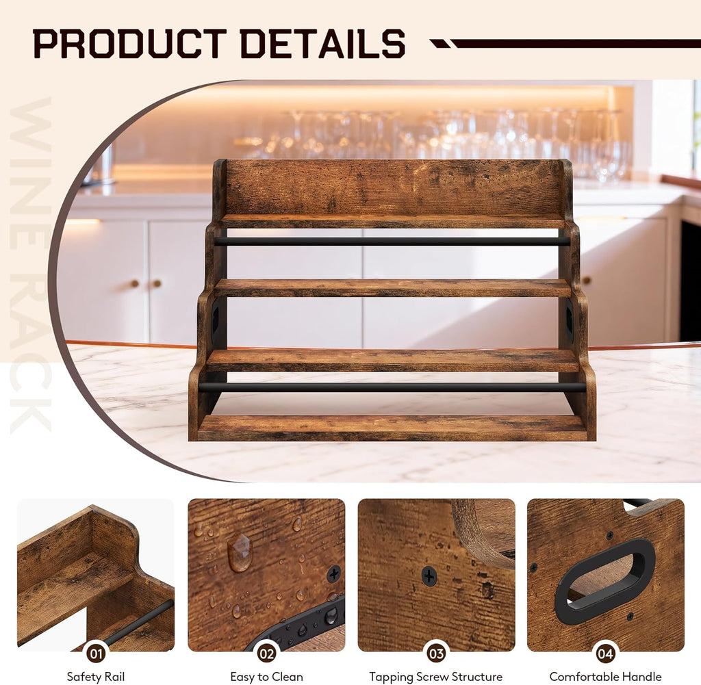 LIVELYGLOW 19.6”W x 15.74" D x 12.5" H Inches Versatile 4-Step Coffee Syrup & Water Bottle Organizer Rack Multi-Functional Retro Display Shelf for Kitchen or Bar, Holds Liquor & Spirits, Wooden
