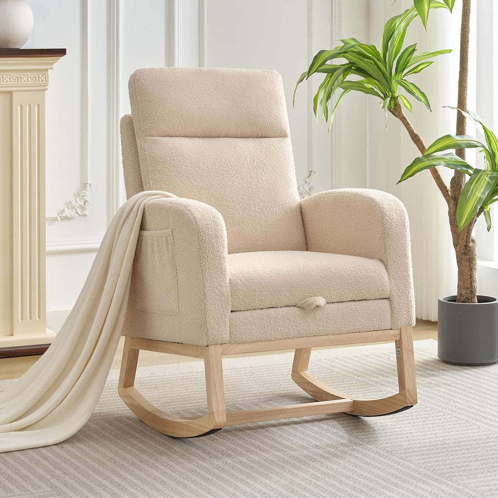 GarveeLife Nursery Rocking Chair,300lb Glider Chair with Solid Wood Legs/Two Side Pockets,Teddy Upholstered Glider Rocker with Footrest High Backrest for Living Room/Bedroom/Nursery