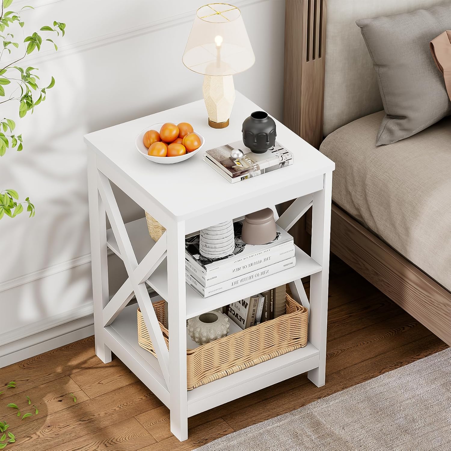 SEJOV Side Table for Living Room, White End Table with 3-Tier Storage Shelves X-Design Night Stand for Small Spaces Farmhouse Wooden Nightstand for Bedroom Bed Side Office