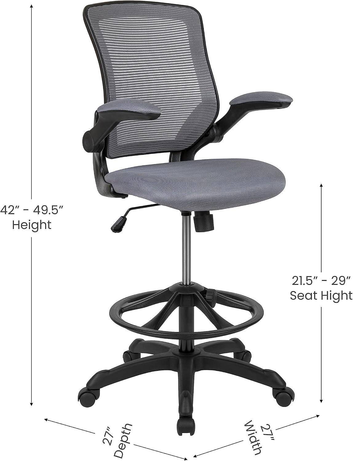 EMMA + OLIVER Mid-Back Dark Gray Mesh Ergonomic Drafting Chair with Foot Ring and Flip-Up Arms