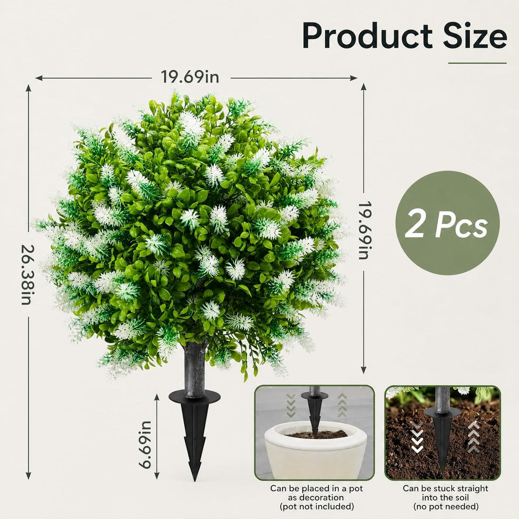 2 Pack 25" Artificial White Lavender Topiary Ball Trees for Outdoors, UV Resistant Faux Evergreen Shrubs with Ground Spikes, Fake Bush Ball Plants for Front Porch, Patio, Garden, Indoor Outdoor Decor