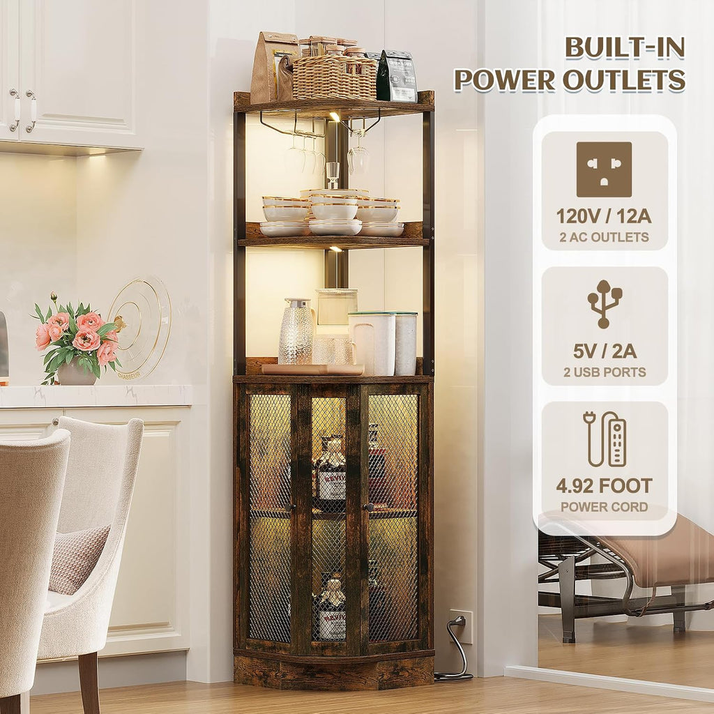 EOYUTLLY Corner Bar Cabinet with Power Outlet and LED Strip, 65" H 5-Tier Corner Liquor Wine Display Cabinet for Home, Storage Solution for Living Room, Kitchen, Home Bar, Brown