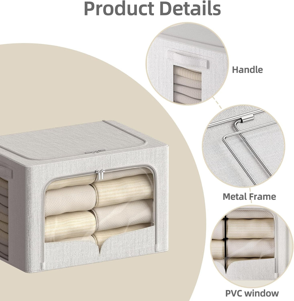 FHSQX 3 Pack Clothes Storage Bins - Foldable Metal Frame Storage Box - Stackable Linen Fabric Container Organizer Set with Carrying Handles and Clear Window (Cream White, 16.5x12.2x12.2inch(40L))