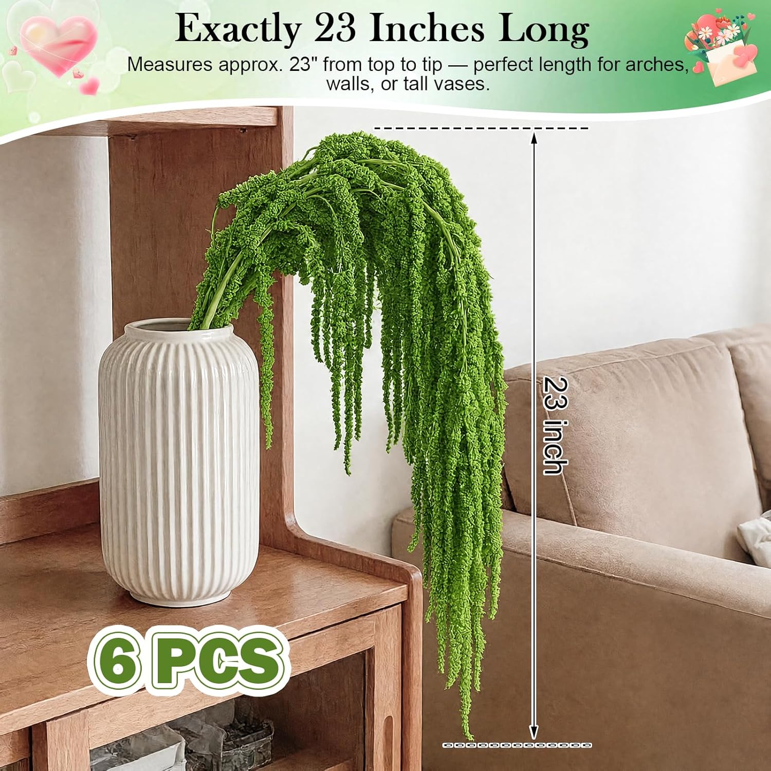6Pcs Light Green Dried Amaranthus Hanging Flowers for Wedding Arch, 100% Natural Preserved Amaranthus Flowers for Floral Arrangement, Wall Home Decor (23 in)