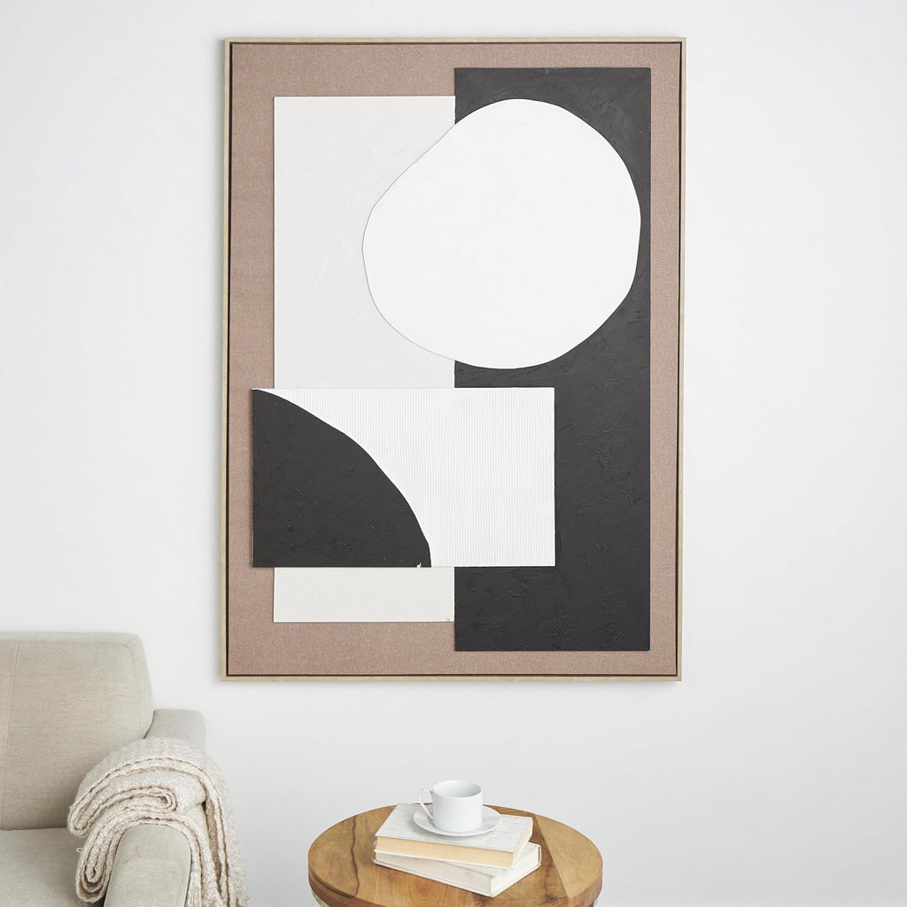 Deco 79 Wood Geometric Textured Wall Decor with Abstract Black and White Shapes and Fabric Backing, 41" x 2" x 57", Brown