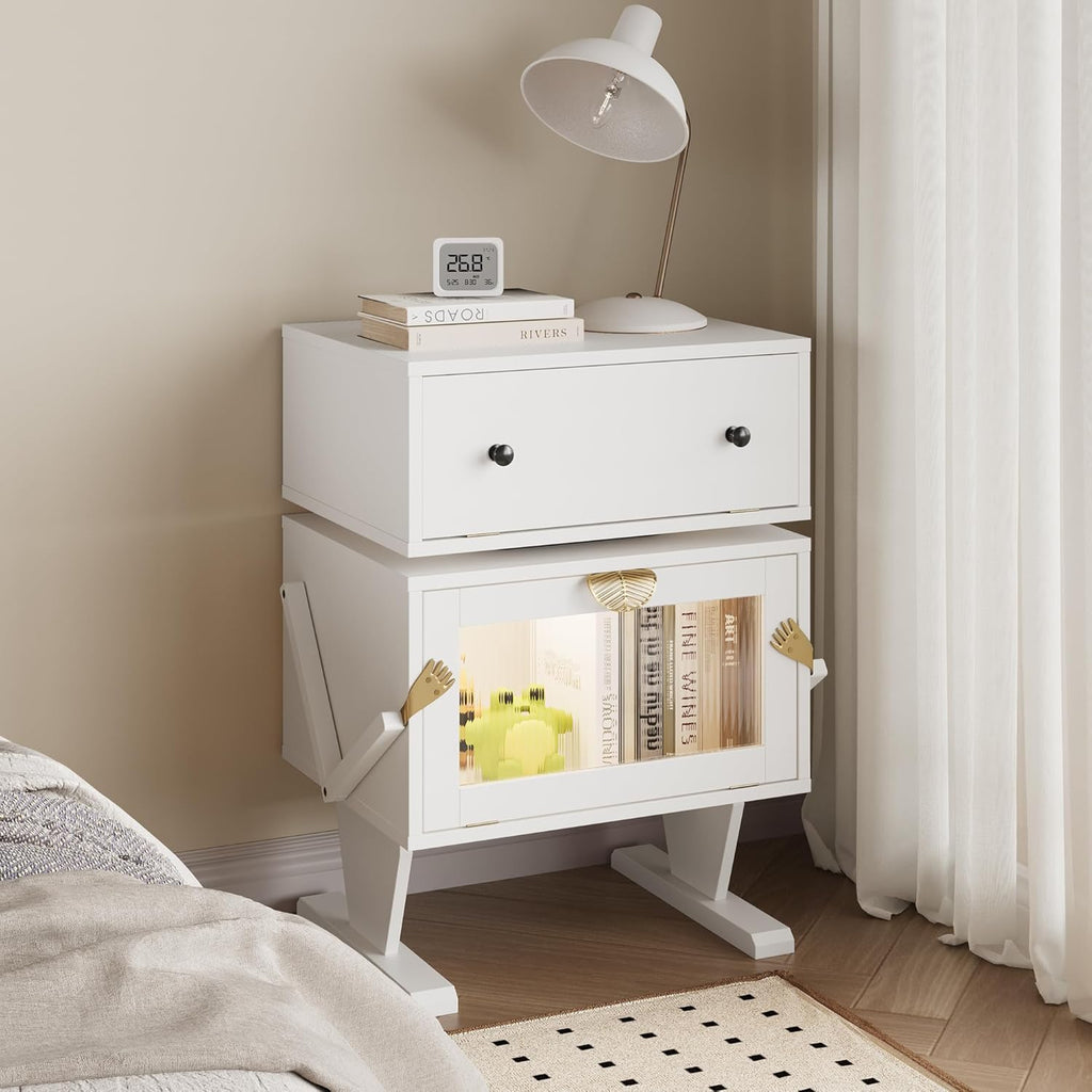 May in Color End Table with LED Light Strips, Creative End Table with Storage, Wood Night Stand Cabinet, Modern Bedside Table with 360° Rotating Drawer for Living Room, Bedroom, Nursery, White