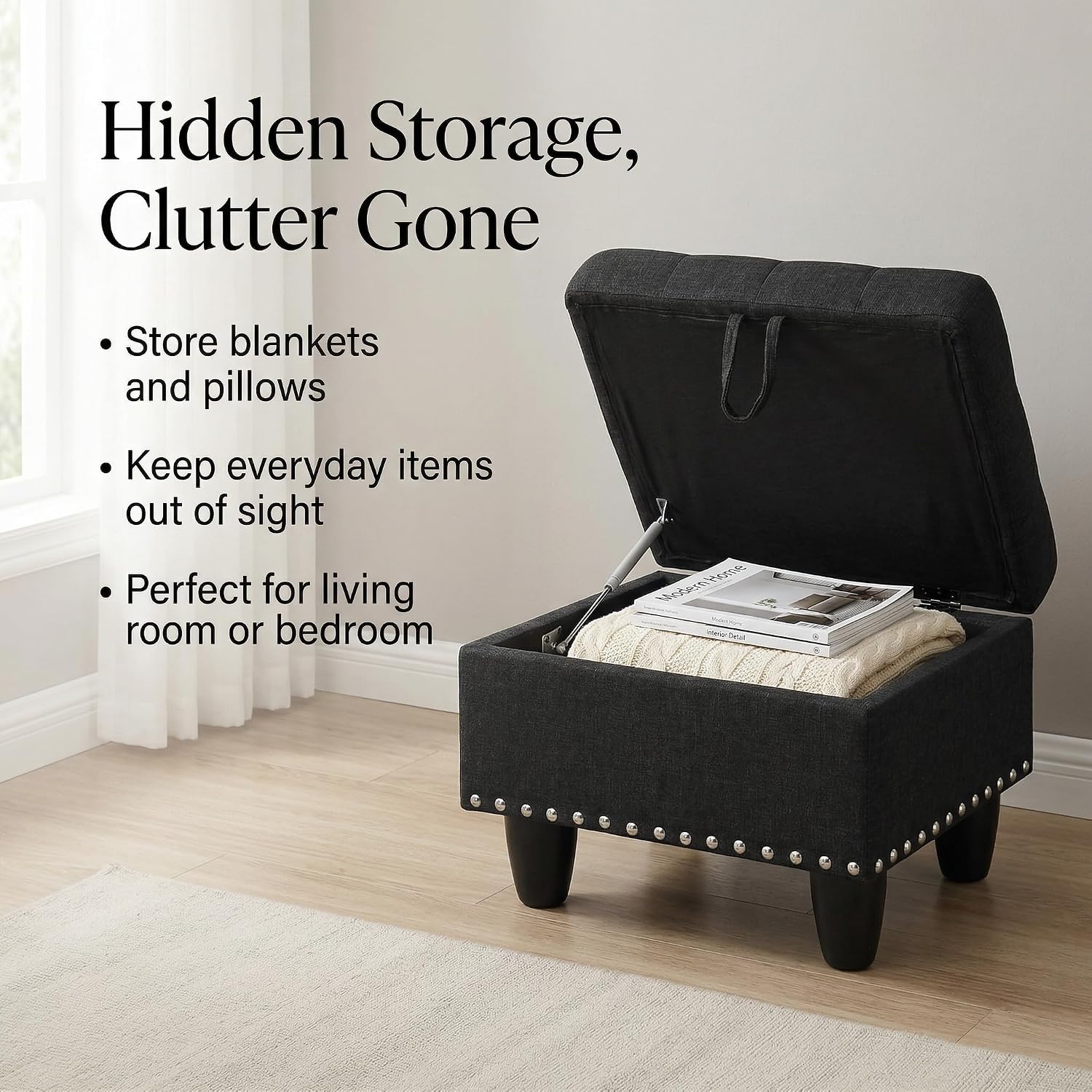 28.5 Inch Storage Ottoman Bench, Upholstered Ottoman with Hidden Storagefor Bedroom Living Room, End of Bed Foot Rest Stool, Charcoal Gray