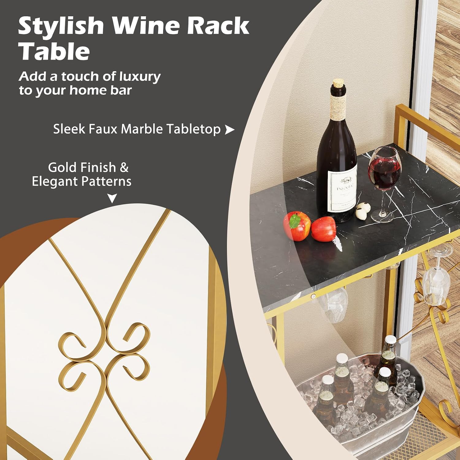 Giantex 21-Bottle Wine Rack Freestanding Floor, Wine Bar Table with 6-Glass Wine Glass Holder, Industrial Wine Display Storage Shelf, Liquor Coffee Bar Cabinet for Home, Dining Room (Gold+Black)