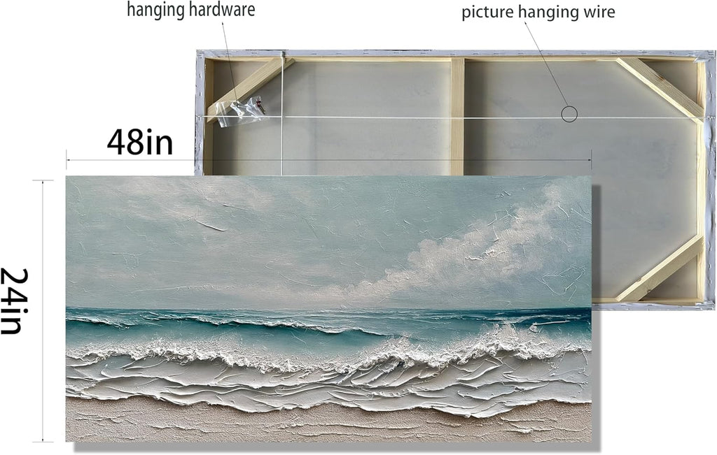 Diathou Art Hand-painted oil painting of ocean waves and sandy beach scenery, modern abstract blue landscape art, decorative wall painting for home office