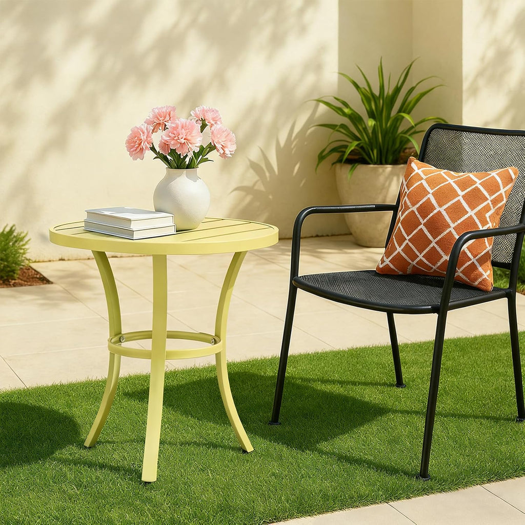 Outdoor Round Side Table, Small Metal Table Patio End Table Coffee Bistro Table for Indoor Outdoor (Light Yellow)