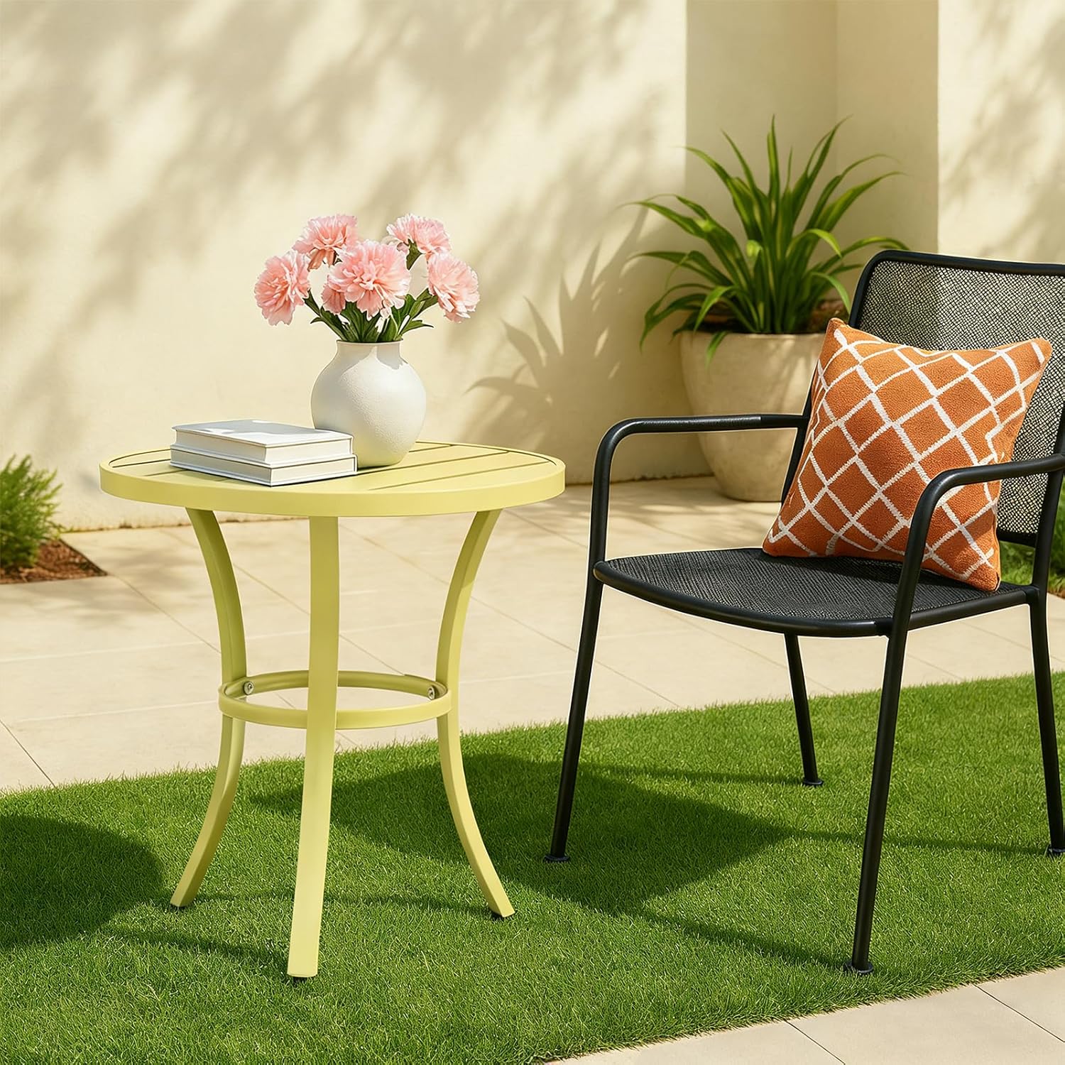 Outdoor Round Side Table, Small Metal Table Patio End Table Coffee Bistro Table for Indoor Outdoor (Light Yellow)