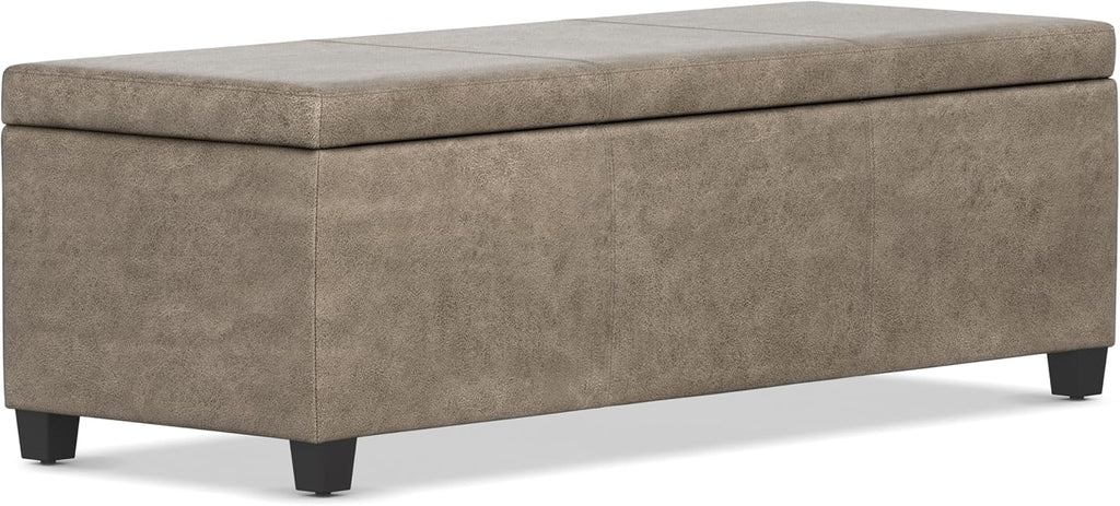SIMPLIHOME Avalon Storage Ottoman Bench - 48" Wide x 16" High Upholstered Vegan Leather Rectangular Lift-Top Ottoman in Distressed Smoky Grey Brown, Transitional Storage Bench with High-Density Foam