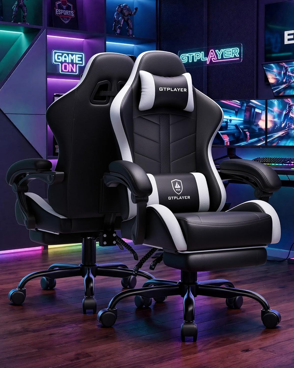 GTPLAYER Gaming Chair for Adults, Ergonomic Computer Gaming Chair with Footrest, Height Adjustable, 90-155° Recline & Removable Headrest Lumbar Support, Snow White