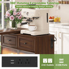 69" Kitchen Island with 360° Rotating Table, Bluetooth Speakers, LED Lighting, Adjustable Shelves, Storage Cabinet & Power Outlet – Walnut Finish Extendable Dining Table for Kitchen, Dining Room, Bar