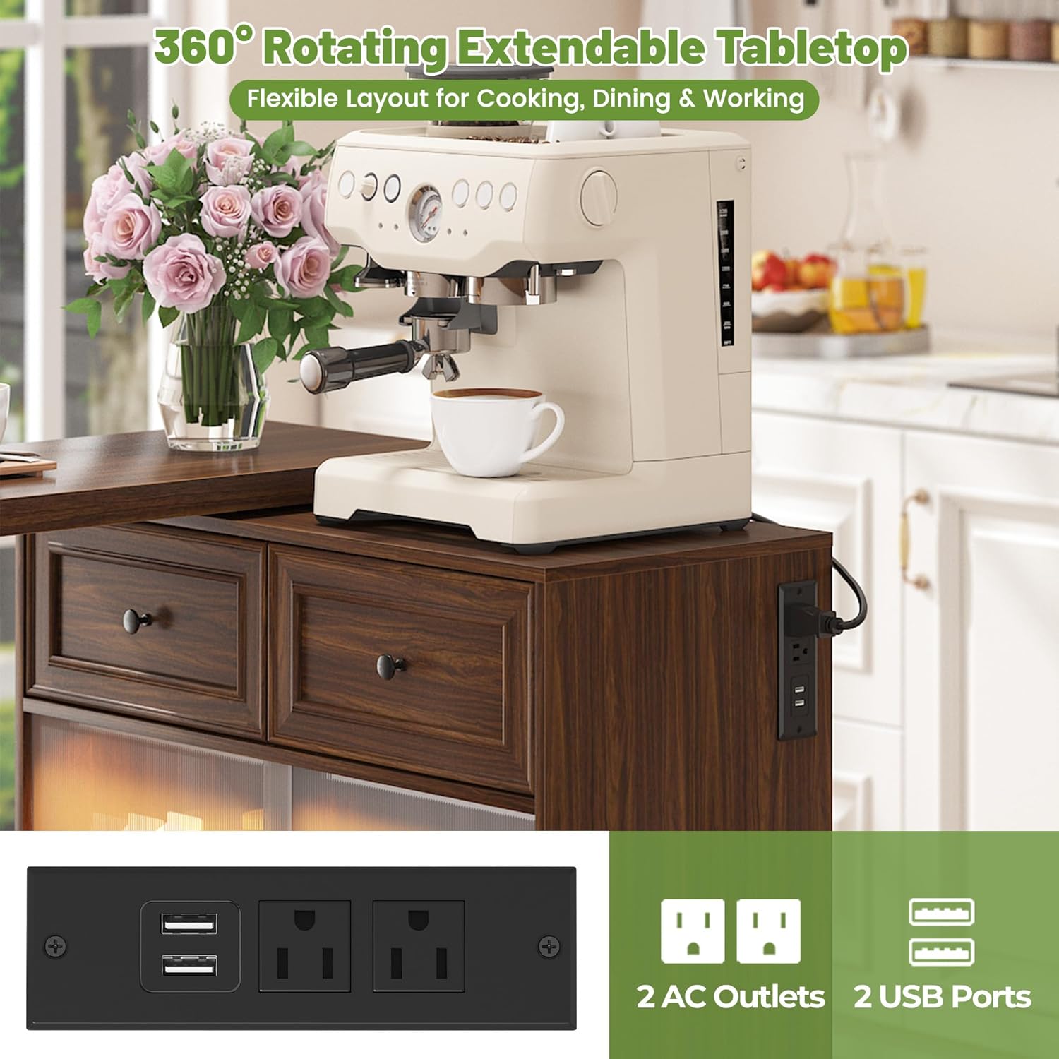 69" Kitchen Island with 360° Rotating Table, Bluetooth Speakers, LED Lighting, Adjustable Shelves, Storage Cabinet & Power Outlet – Walnut Finish Extendable Dining Table for Kitchen, Dining Room, Bar