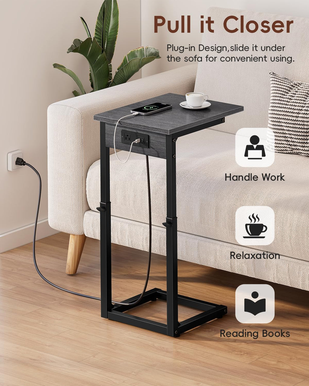 Vagusicc C Shaped End Table with Charging Station, 33" Tall Side Table for Couch, Adjustable Height C Table End Table, Couch Table Slide Under Sofa Table TV Tray Table for Living Room, Gray Walnut