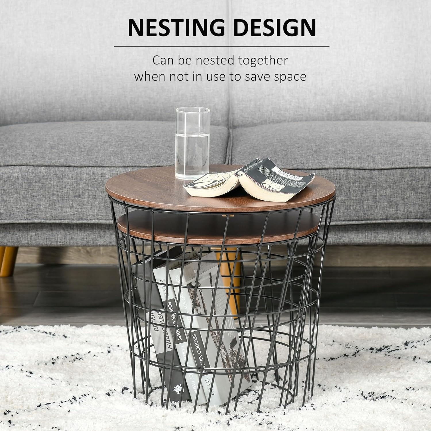 HOMCOM End Tables Set of 2, Nesting Tables with Storage, Round Accent Side Tables with Removable Top for Living Room, Black/Brown