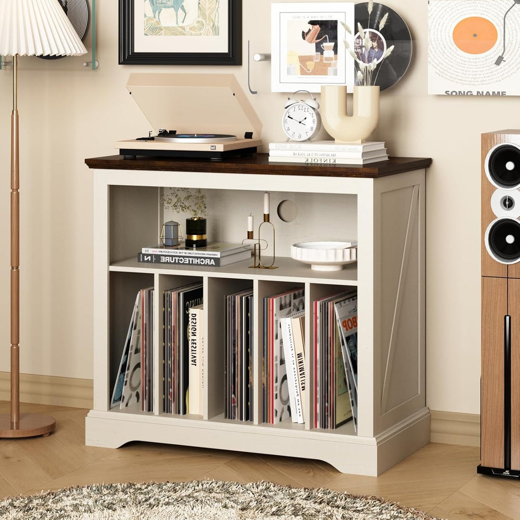 RowyPoey Large Farmhouse Record Player Stand, Turntable Stand with Vinyl Storage, Wood Record Holder Storage Cabinet Dispaly Shelf for Living Room, Bedroom, Office, Antique White