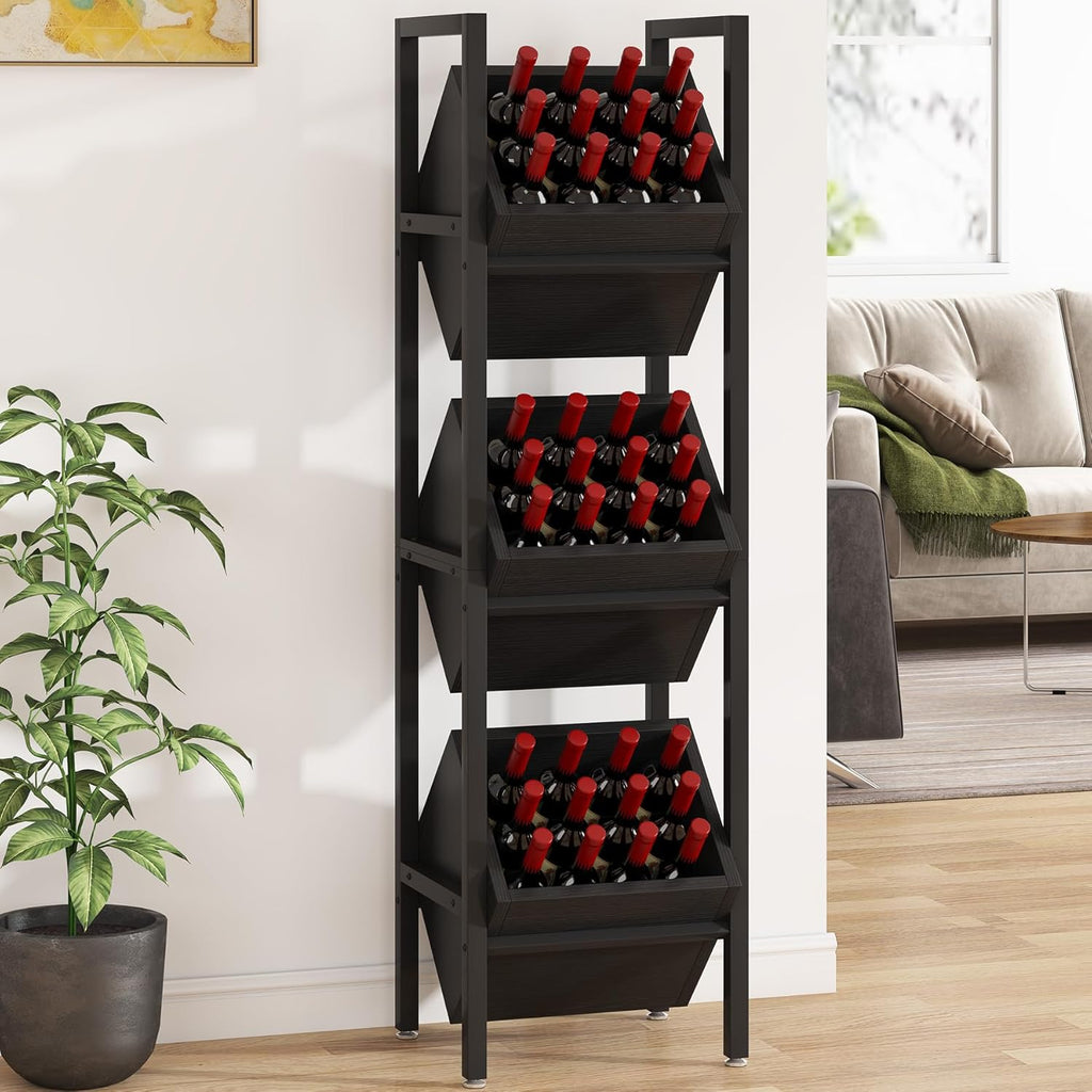 Tribesigns Wine Rack Freestanding Floor, 3 Tier Wooden Wine Storage Stand, Wobble-Free Wine Holder Display Shelf Liquor Bottle Organizer for Kitchen, Cellar (Black)